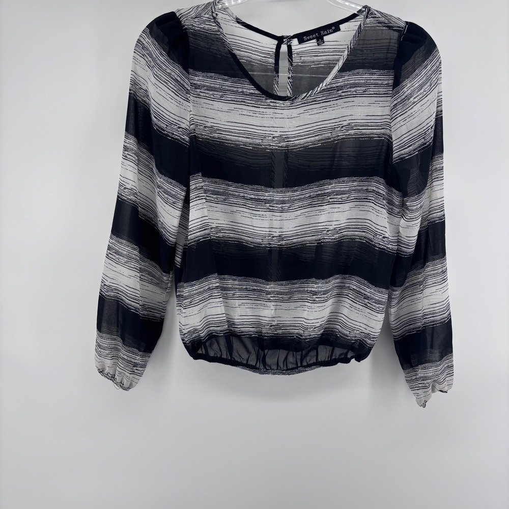 Sweet Rain Black and White Striped Sheer‎ Long Sleeve Blouse Top